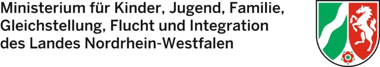 Logo des Ministeriums NRW mit schwarzem Text und Wappen, Thema: Kinderschutzhaus und Frauenhaus.