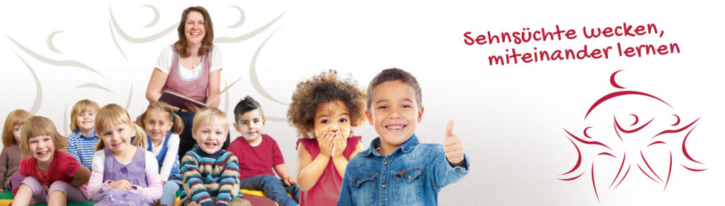 Foto von mehreren Kindern auf dem Boden bei Kinder Oase, Lehrerin dahinter. Junge zeigt Daumen hoch. Rechts stilisierte Figuren. Text: Sehnsüchte wecken, miteinander lernen.